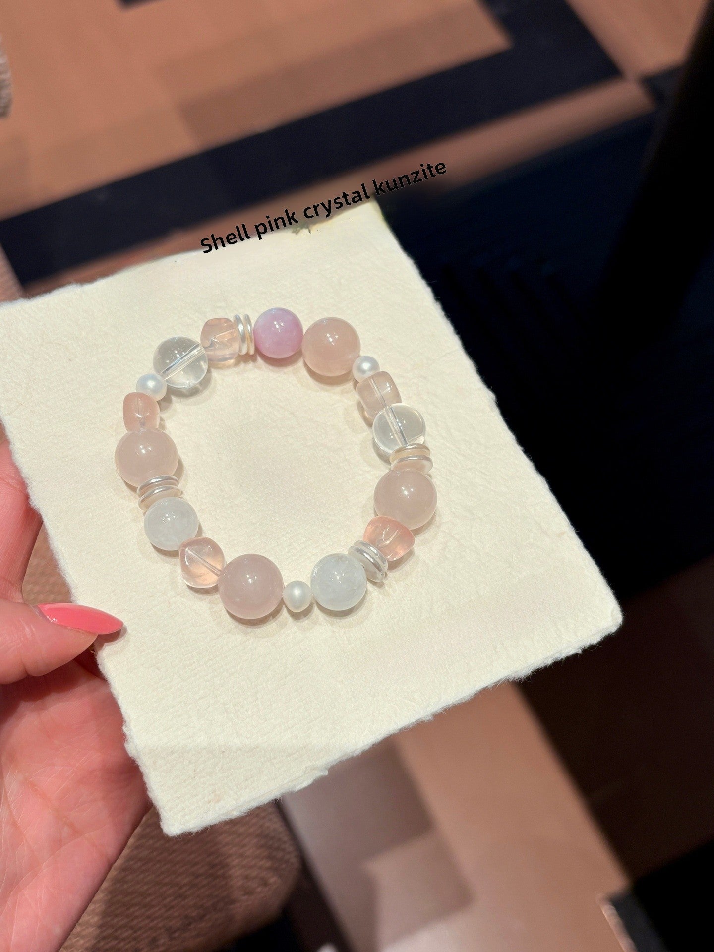 Natural Pink Crystal Shell Beaded Bracelet With Kunzite Inlay For Women