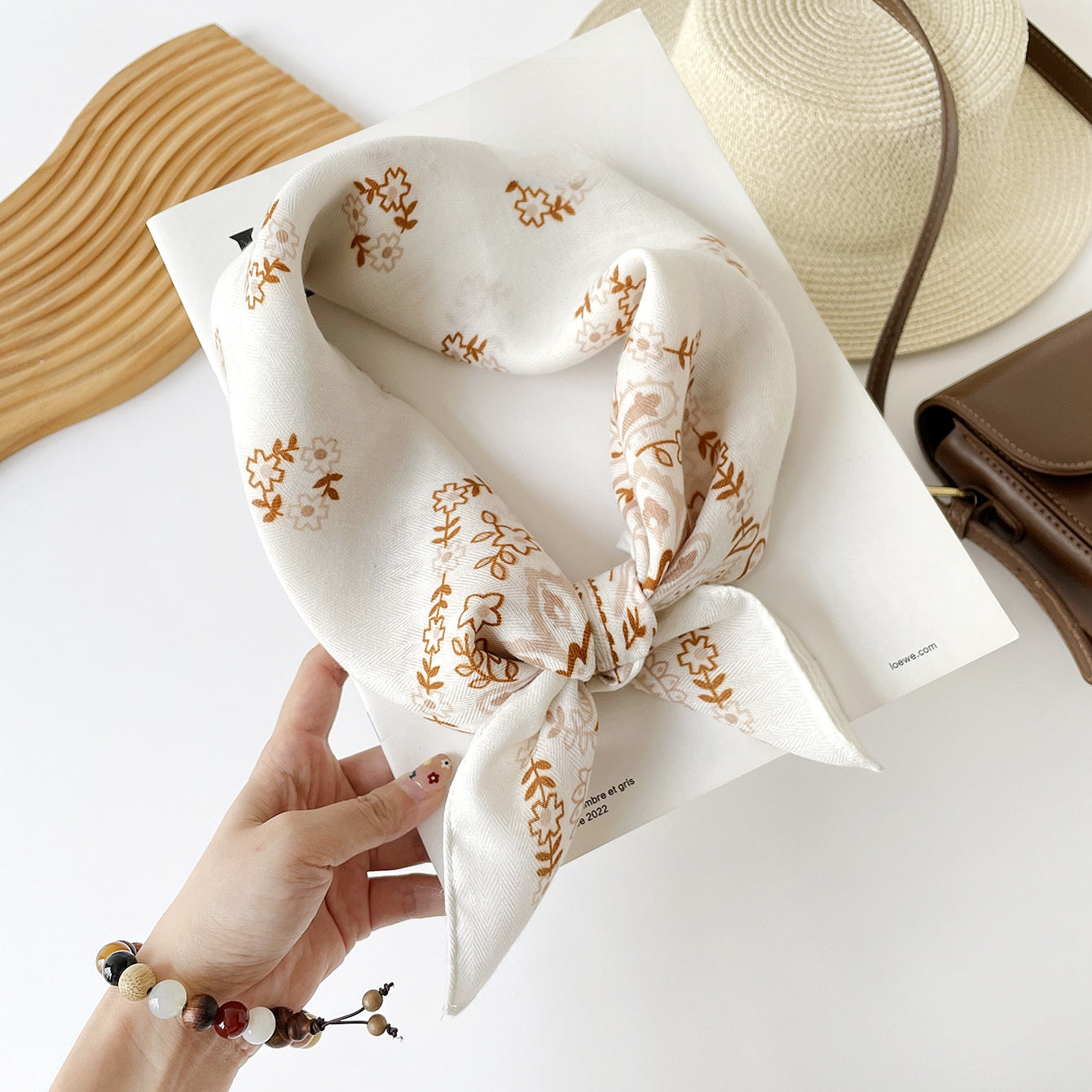 Cashew Nuts Cotton And Linen Bandanas In Coffer Color For Autumn Commute, Silk Scarf