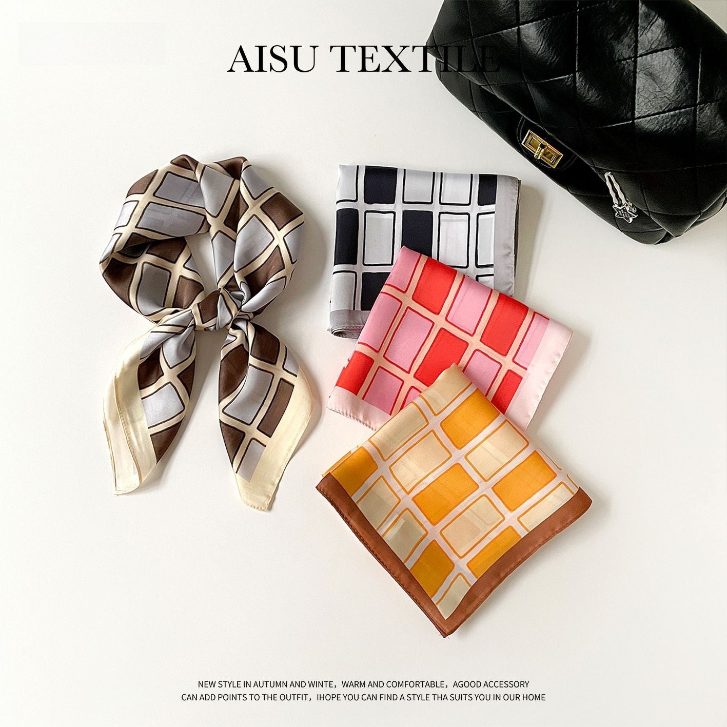 French Style Plaid Satin Silk Scarf For Women In Yellow, Perfect For Summer