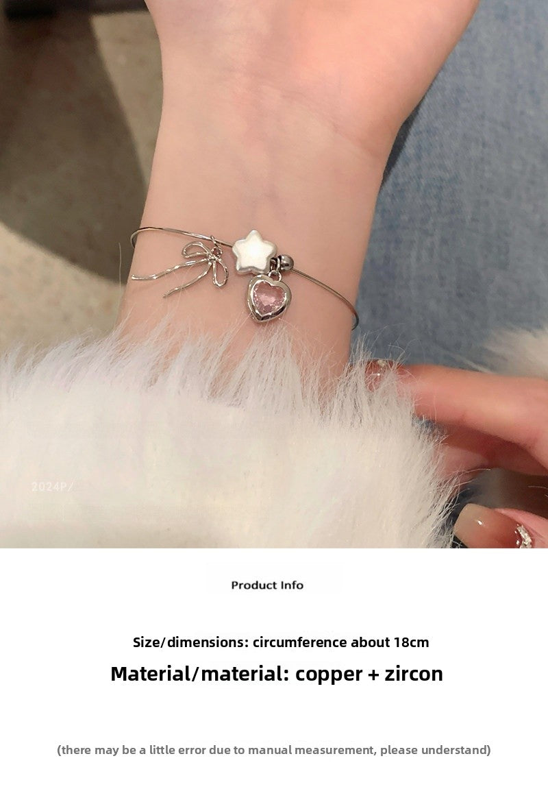Heart Shape Bangle Bracelet For Women In New Style, Electroplated Copper With Natural Pink Finish