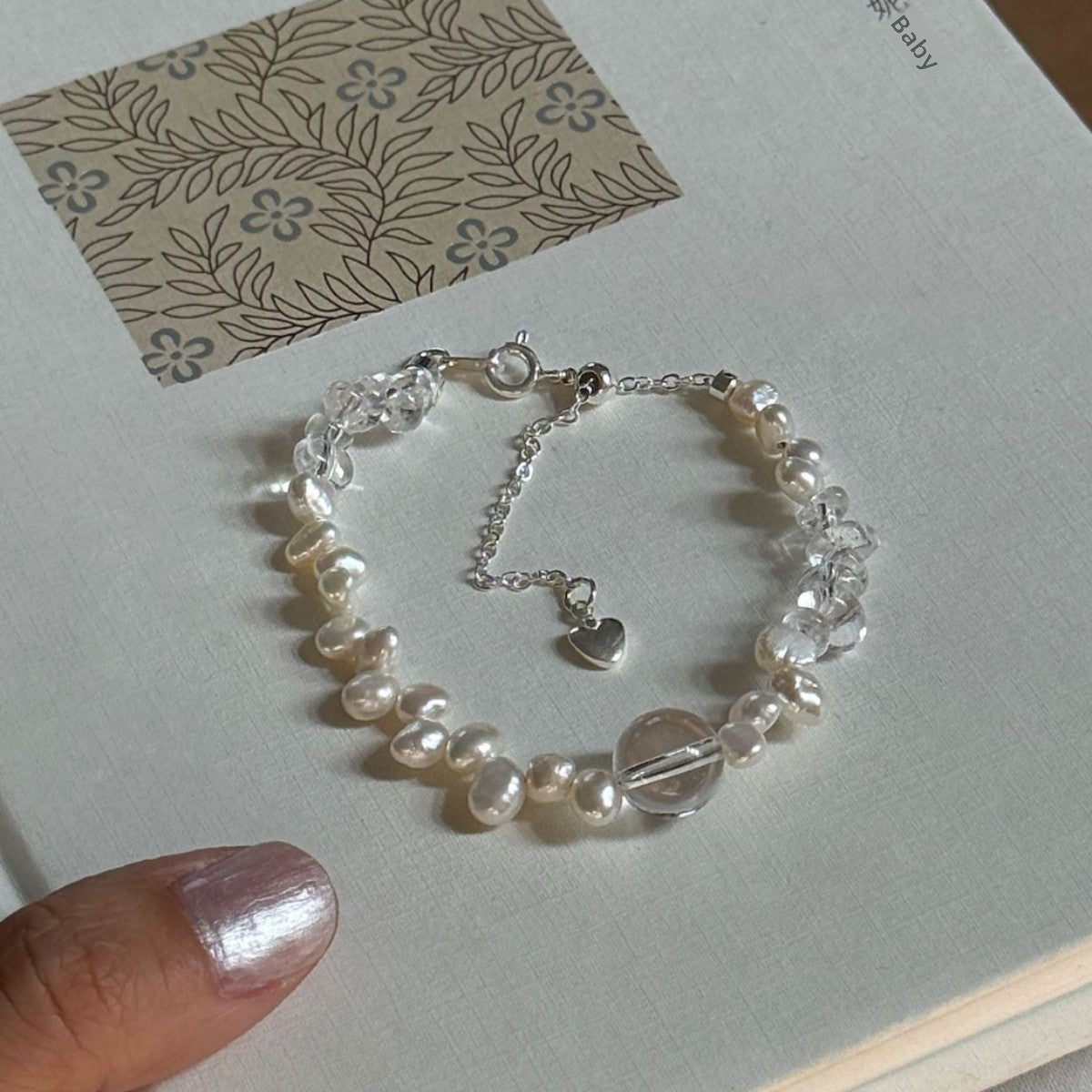 Heart Shape Beaded Bracelet With Freshwater Pearl And Crystal Pendant, Slider Chain Design For Women