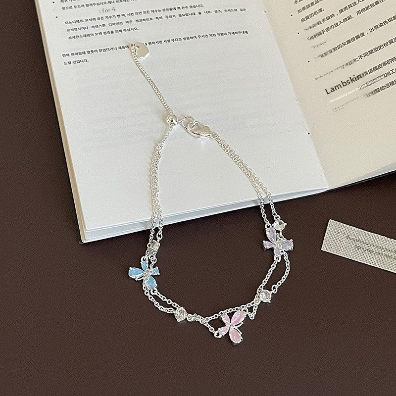 Butterfly Drawstring Bracelet For Women With Rope Chain And Rhinestone Pendant In Sweet Style