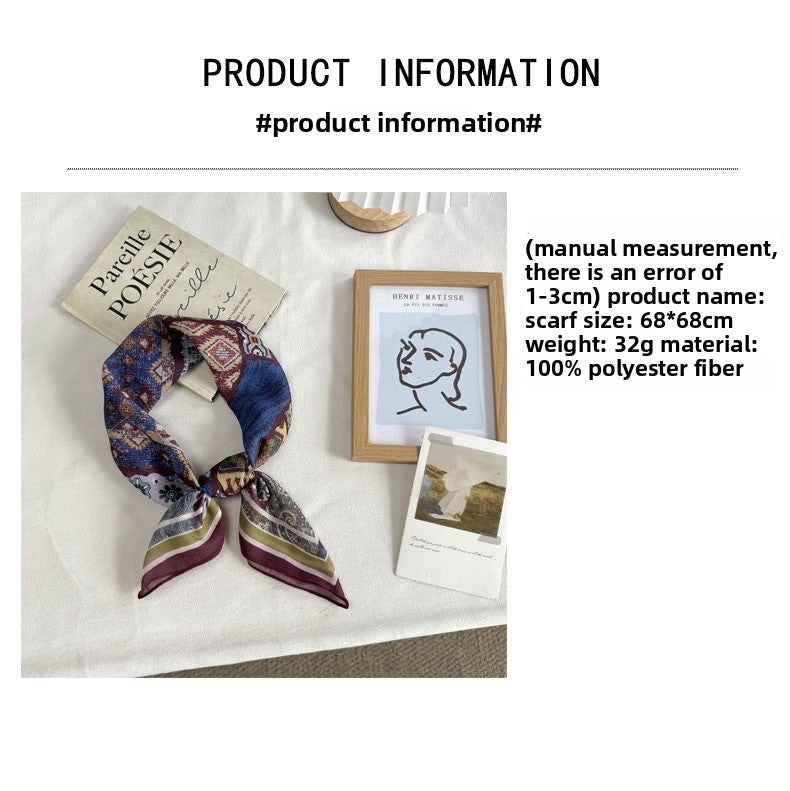 French Style Women's Polyester Bandana In Brown, Perfect For Spring & Summer, Elegant Silk Scarf Accessory
