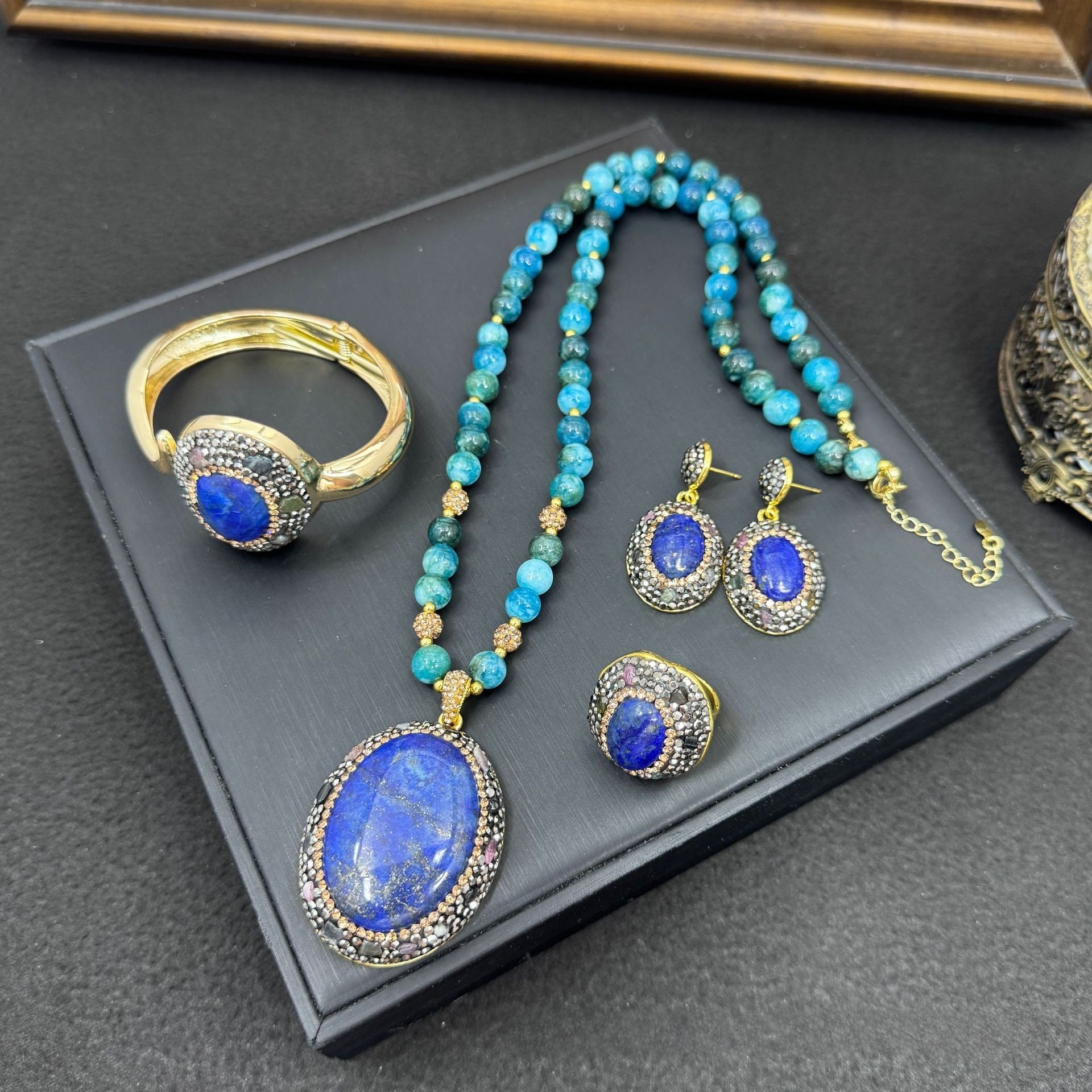 Oval Blue Crystal Jewelry Set For Women With Rhinestones, 1 Set