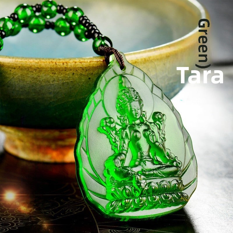 Ethnic Style Buddha Pendant Made Of Glass With Glass Inlay, Unisex Design In Green