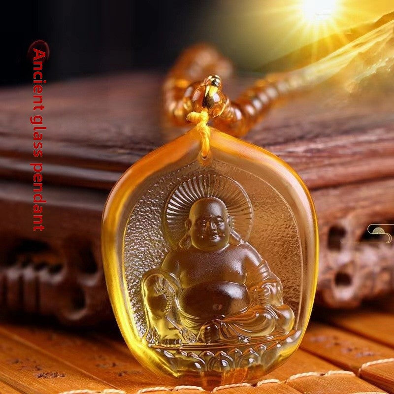 Ethnic Style Buddha Pendant Made Of Glass With Glass Inlay, Unisex Design In Green