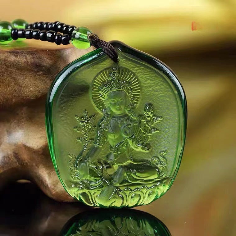 Ethnic Style Buddha Pendant Made Of Glass With Glass Inlay, Unisex Design In Green