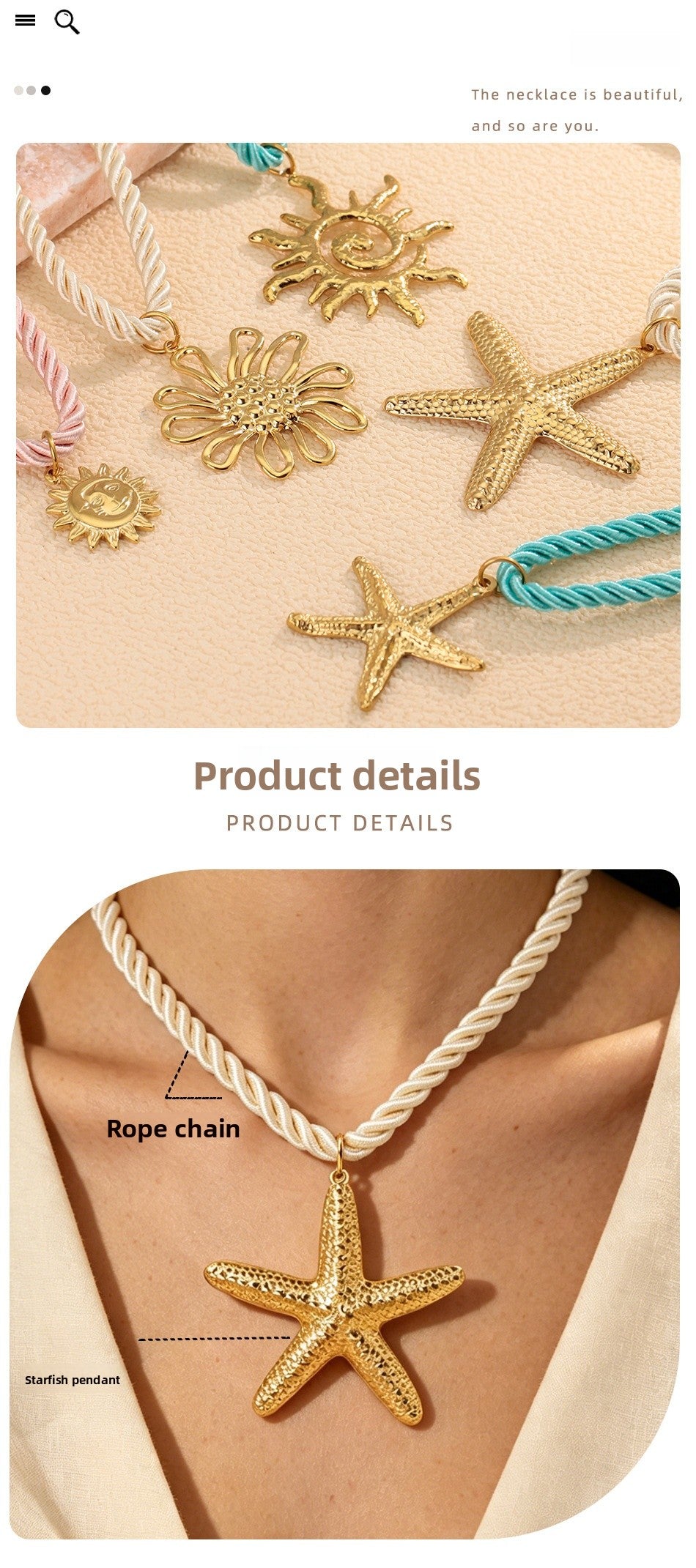 Ocean Pendant Necklace For Women, 18K Gold Plated 316L Stainless Steel Pendant With 304 Stainless Steel Rope Chain