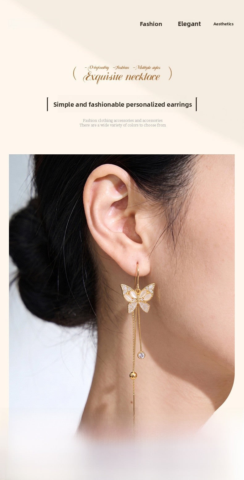 Butterfly Tassel Earrings For Women Featuring Gold Copper Design With Zircon Inlay And 925 Sterling Silver Ear Pins