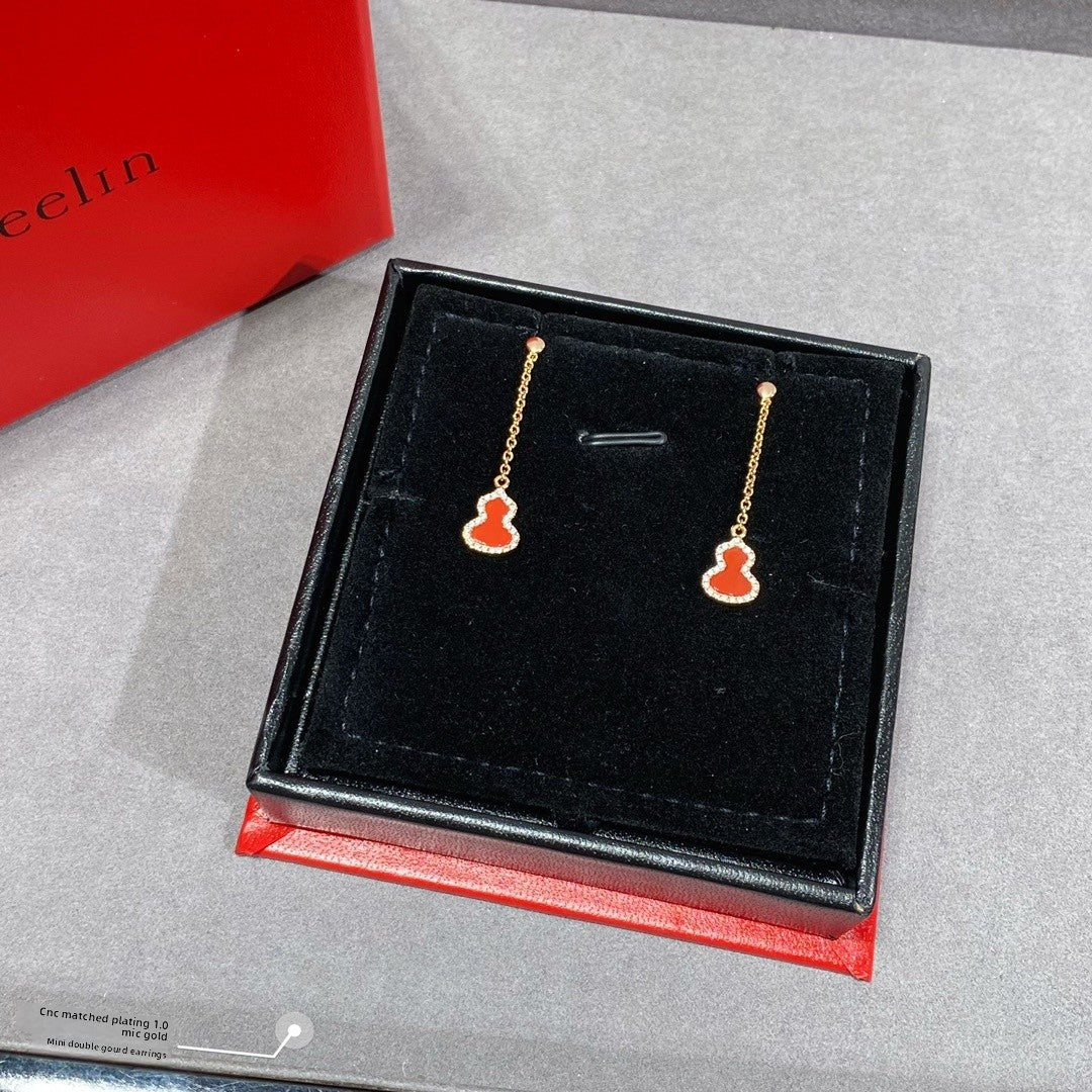 Gourd Earrings For Women In Red Featuring 18K Real Gold Plated V Gold Material With Shell Inlay