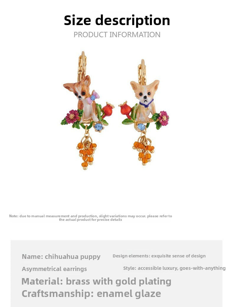 Cute Asymmetrical Dog Stud Earrings For Women, Electroplated Copper With Gem Inlay