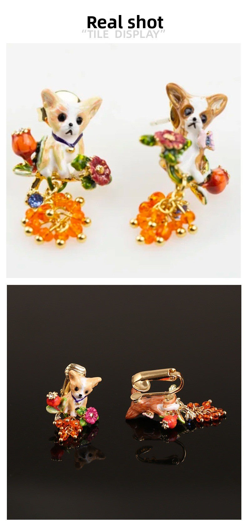 Cute Asymmetrical Dog Stud Earrings For Women, Electroplated Copper With Gem Inlay