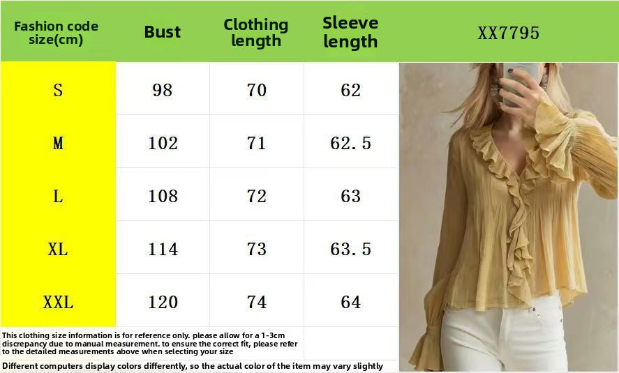 Bohemian Solid Color Long Sleeve Polyester Shirt For Women With Ruffles And Pullover Design
