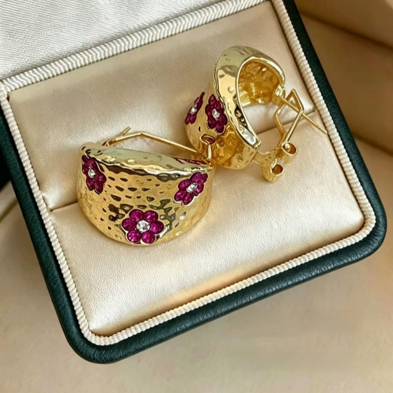 Hammered Flowers Earrings For Women In 18K Real Gold Plated Brass With Rhinestones Inlay