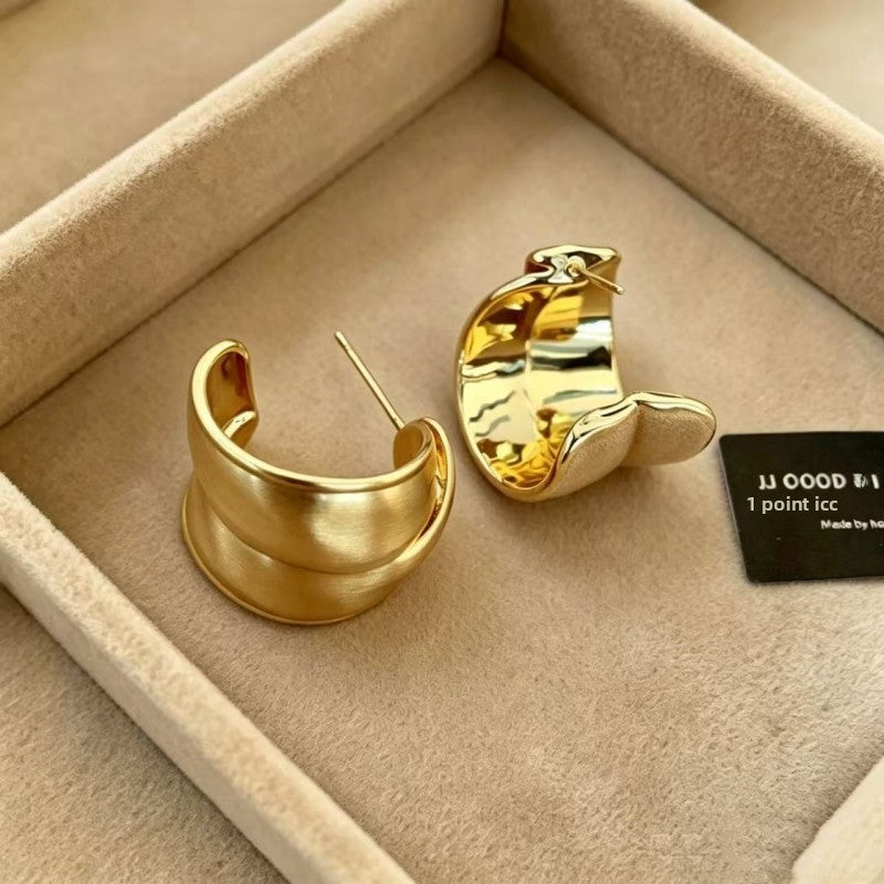 Brushed Metal C Shape Hoop Earrings For Women With Copper Ear Pins