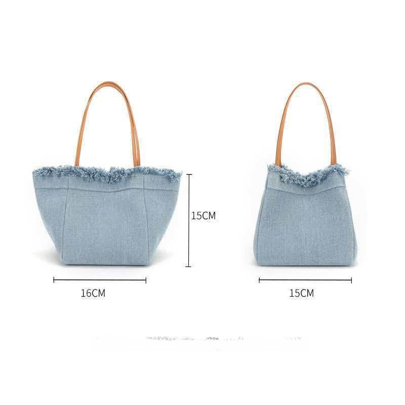 Denim Square Splicing Tote Bag With Sewing Thread Detail, Double Handle, Perfect For Summer