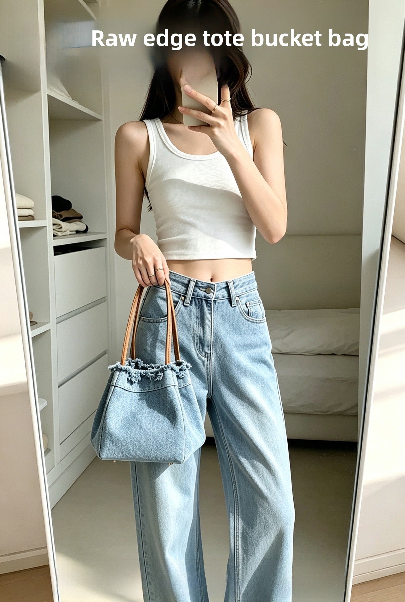 Denim Square Splicing Tote Bag With Sewing Thread Detail, Double Handle, Perfect For Summer