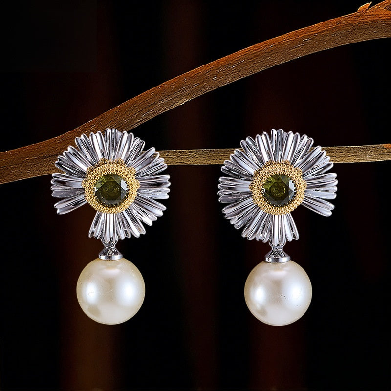 Daisy Earrings For Women In Silver Copper With Zircon Inlay Featuring 925 Sterling Silver Ear Pins