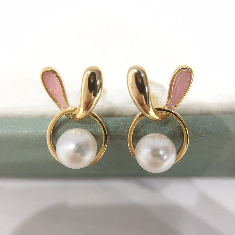 Natural Freshwater Pearl Earrings Women Cute Pink Rabbit 18K Gold Plated Pure Silver Ear Studs Fashionable Wedding Jewelry