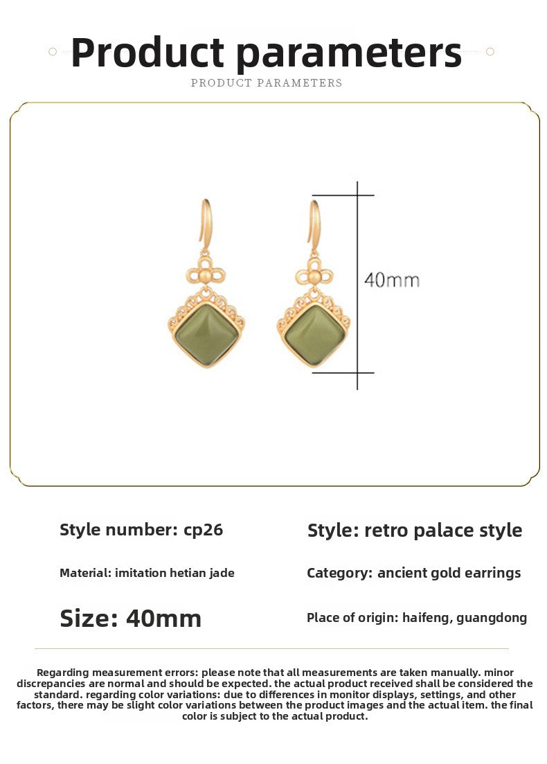 Geometric Earrings For Women Featuring Gold Plated Copper With Jade Inlay In Elegant Gold Tone
