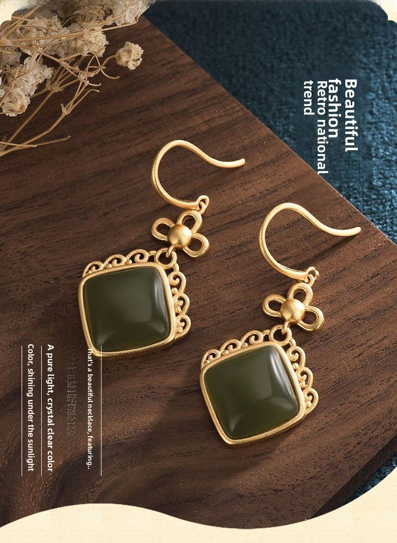 Geometric Earrings For Women Featuring Gold Plated Copper With Jade Inlay In Elegant Gold Tone