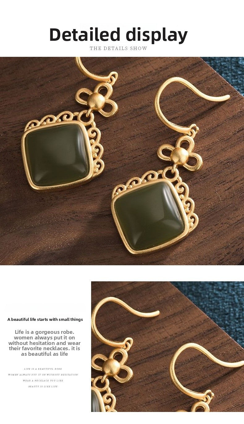 Geometric Earrings For Women Featuring Gold Plated Copper With Jade Inlay In Elegant Gold Tone