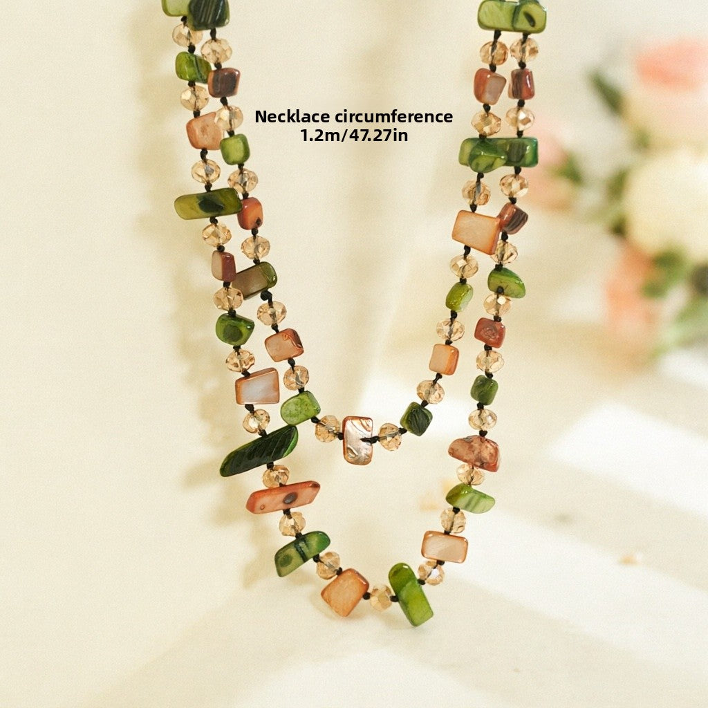 Bohemian Double Layer Shell Necklace For Women With Beaded Chain And Shell Inlay, Featuring Colourful Beading