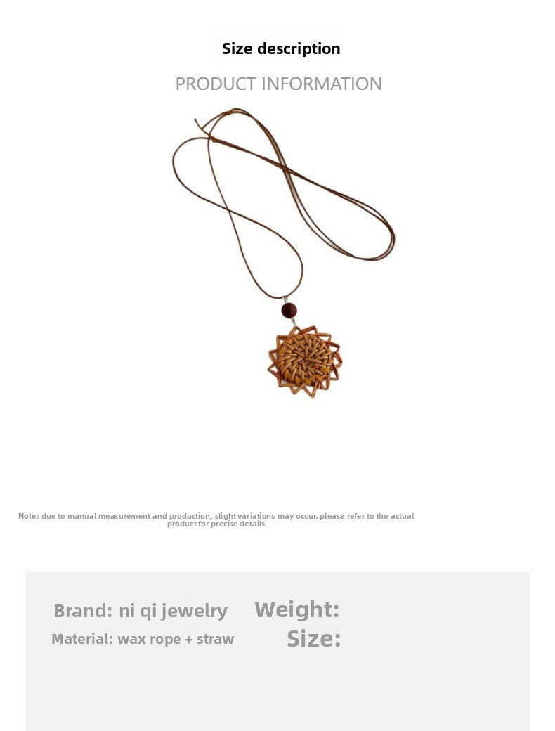 Bohemian Geometric Long Necklace For Women With Coffer Straw Braid And Woven Chain