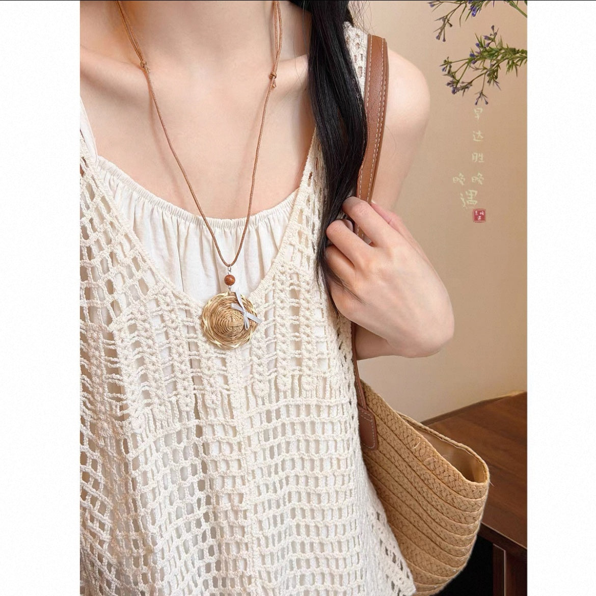Bohemian Geometric Long Necklace For Women With Coffer Straw Braid And Woven Chain