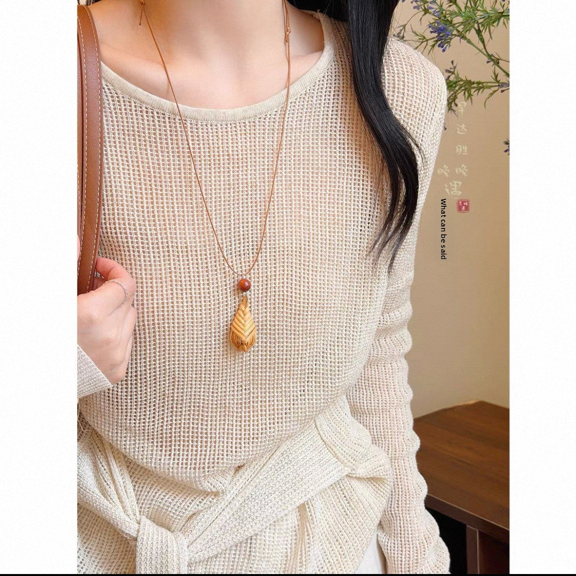 Bohemian Geometric Long Necklace For Women With Coffer Straw Braid And Woven Chain