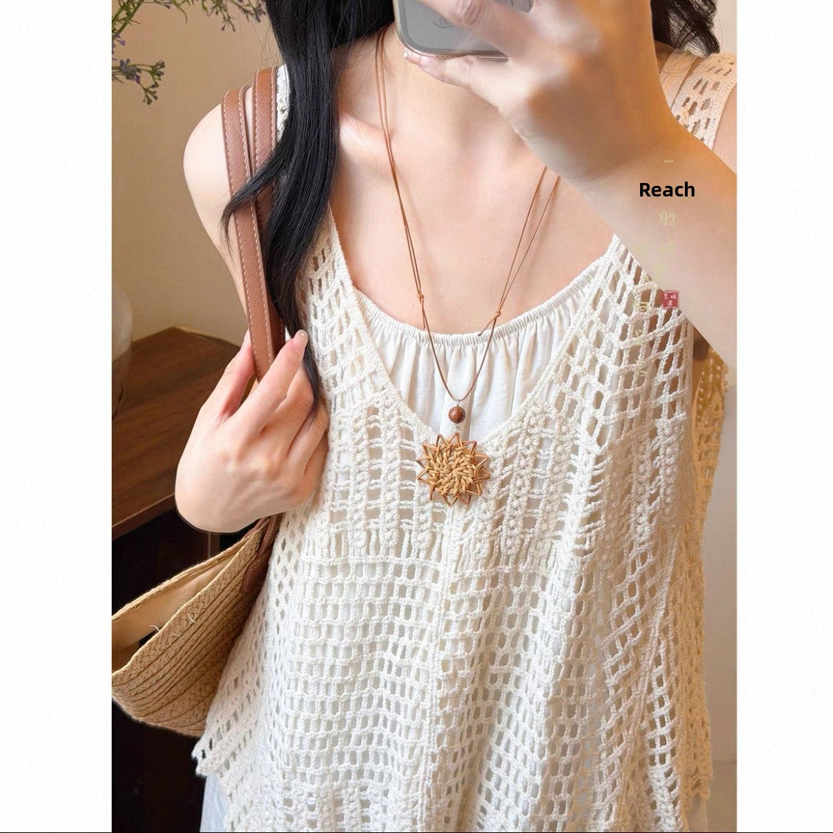 Bohemian Geometric Long Necklace For Women With Coffer Straw Braid And Woven Chain