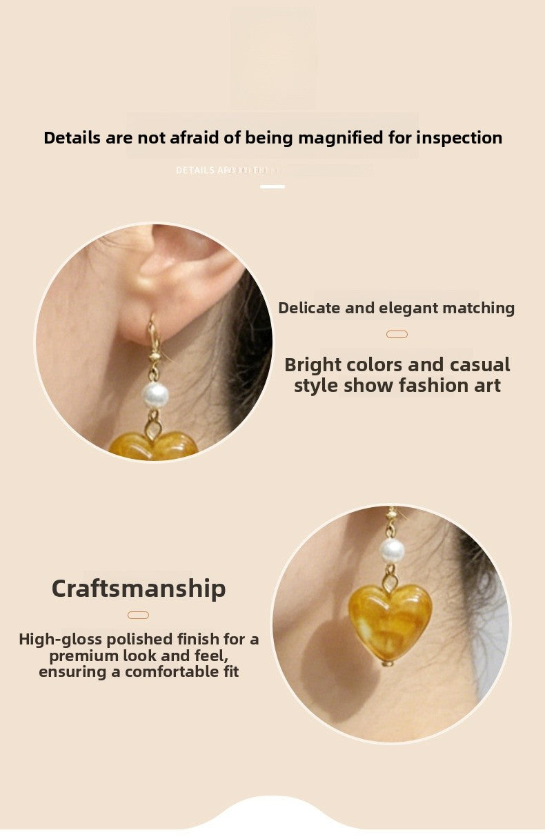 Heart Shape Earrings For Women Featuring Amber Inlay And Zinc Alloy Ear Pins In Retro Style