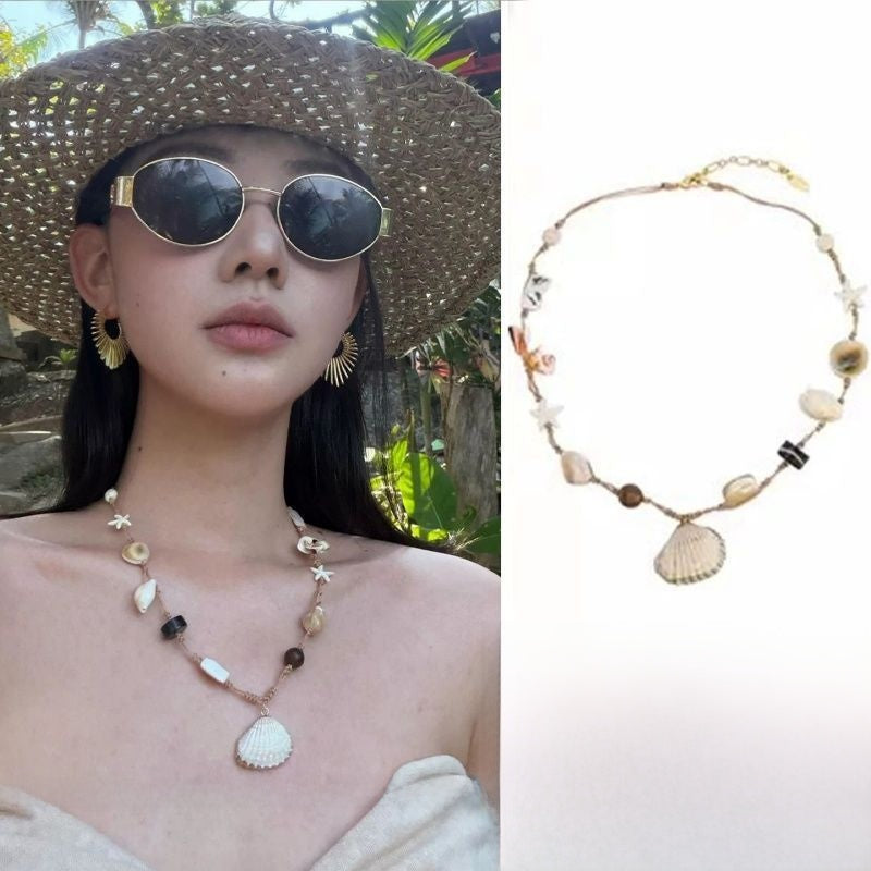Bohemian Starfish Braid Necklace For Women In Alloy With Acrylic Inlay