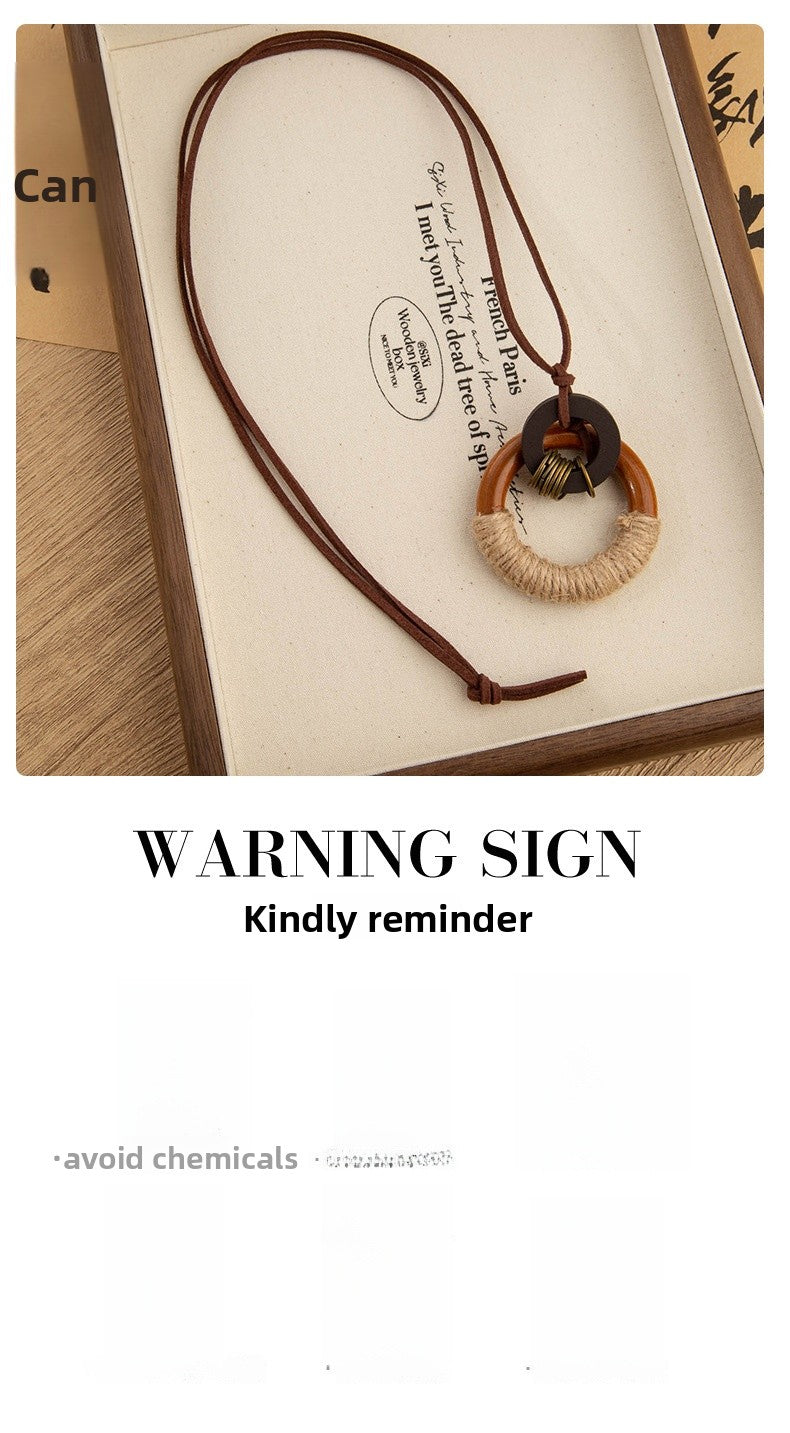 Ethnic Style Woven Chain Sweater Necklace With Wood Pendant For Women Featuring Braid Craft