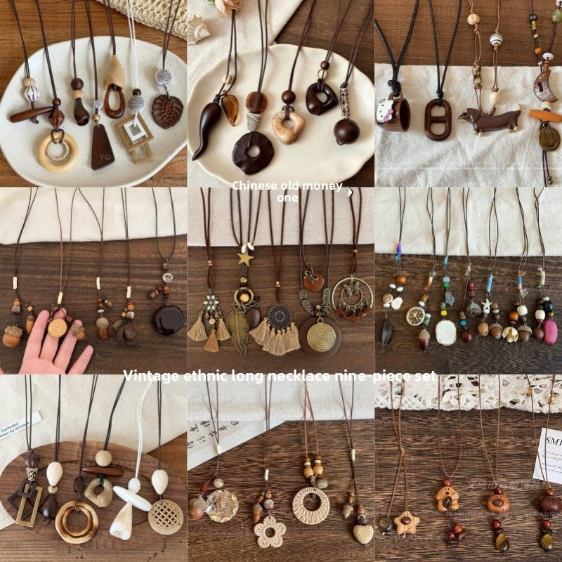 Bohemian Ethnic Long Necklace For Women Featuring Wood Carving Pendant On Cord String