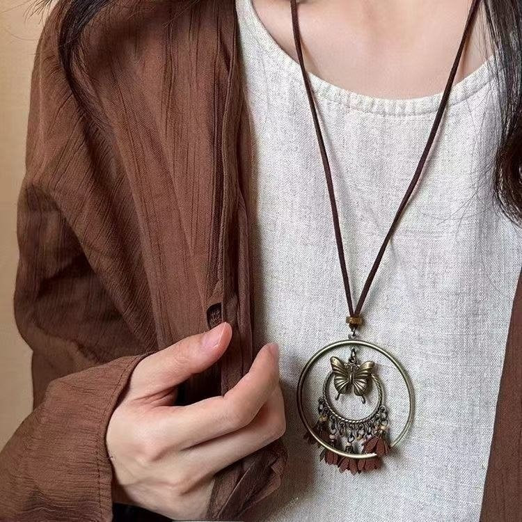 Bohemian Ethnic Long Necklace For Women Featuring Wood Carving Pendant On Cord String