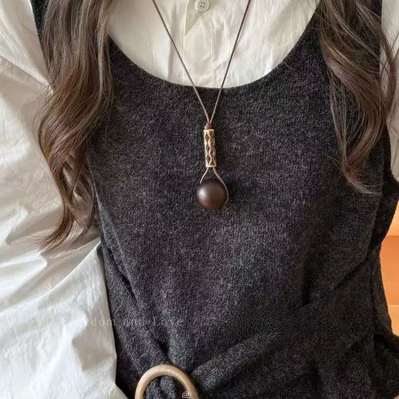 Bohemian Ethnic Long Necklace For Women Featuring Wood Carving Pendant On Cord String