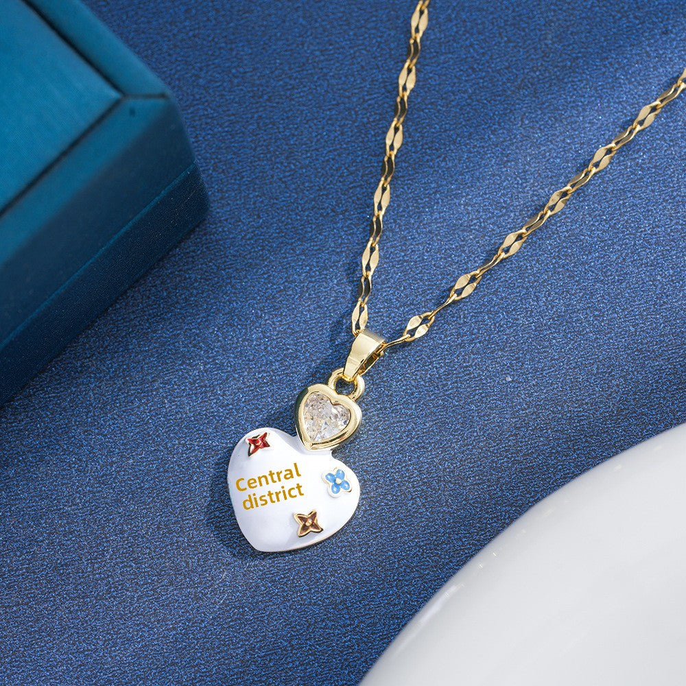 Heart Shape Enamel Necklace For Couples In Copper With 18K Real Gold Plated Finish And Zircon Inlay, Featuring Coffee Bean Chain