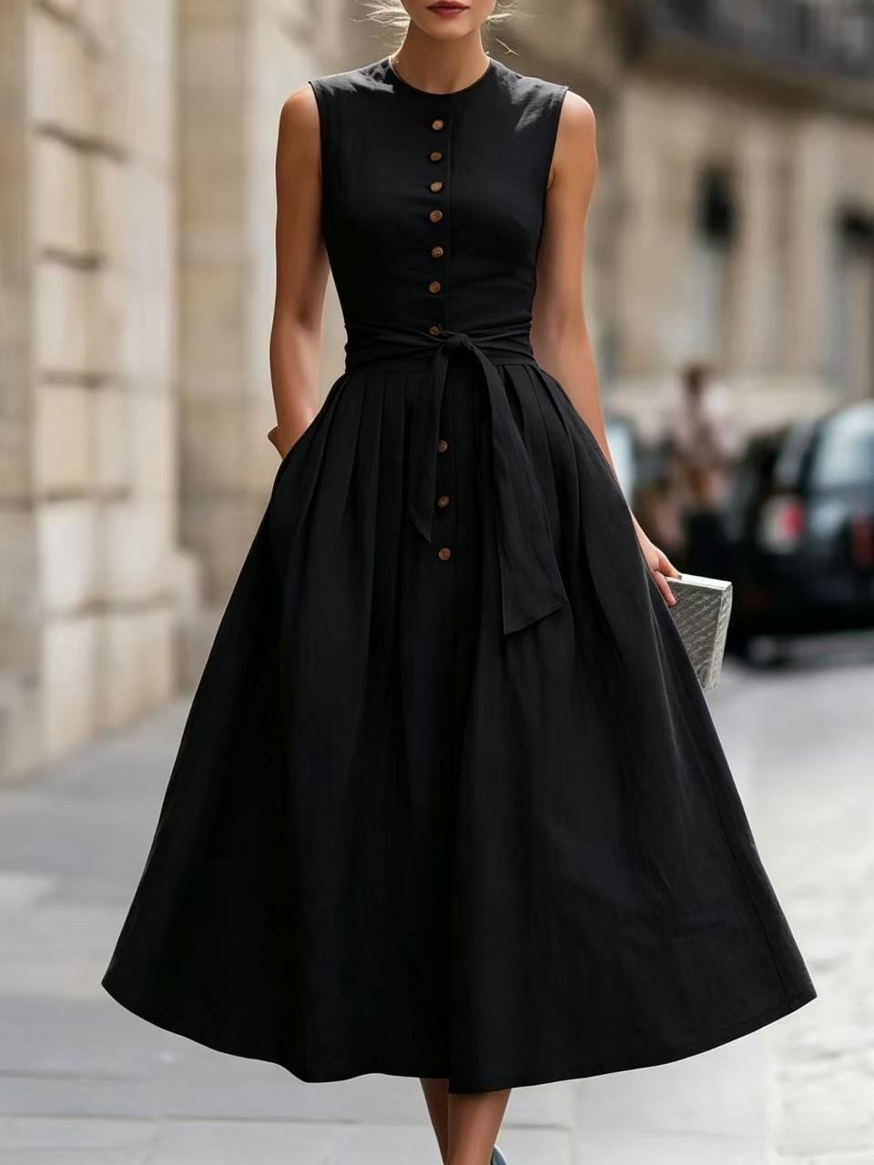 Elegant Solid Color Sleeveless V Neck Maxi Long Dress In Cotton And Linen Fabric