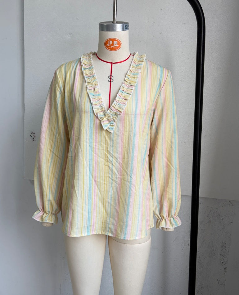 Bohemian Stripe Long Sleeve Polyester Shirt With Ruffles And Pullover Design For Women