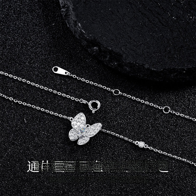 Butterfly Pendant Necklace In Silver With Moissanite Inlay, 925 Sterling Silver Chain And Pendant For Women