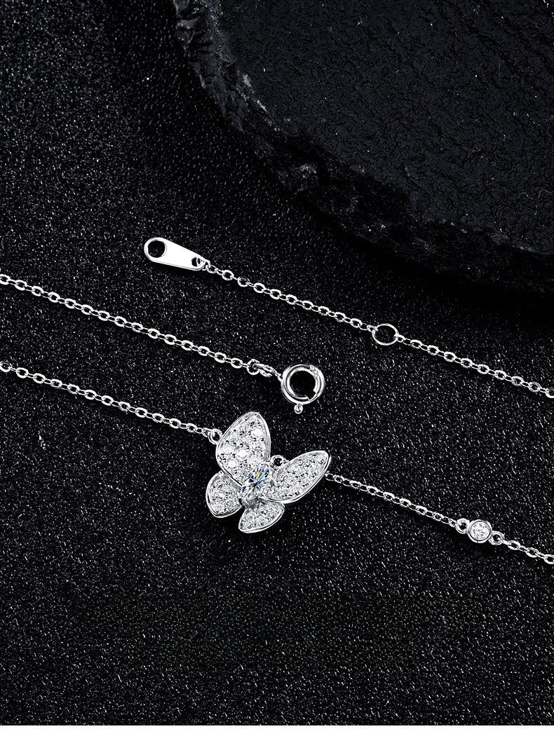 Butterfly Pendant Necklace In Silver With Moissanite Inlay, 925 Sterling Silver Chain And Pendant For Women