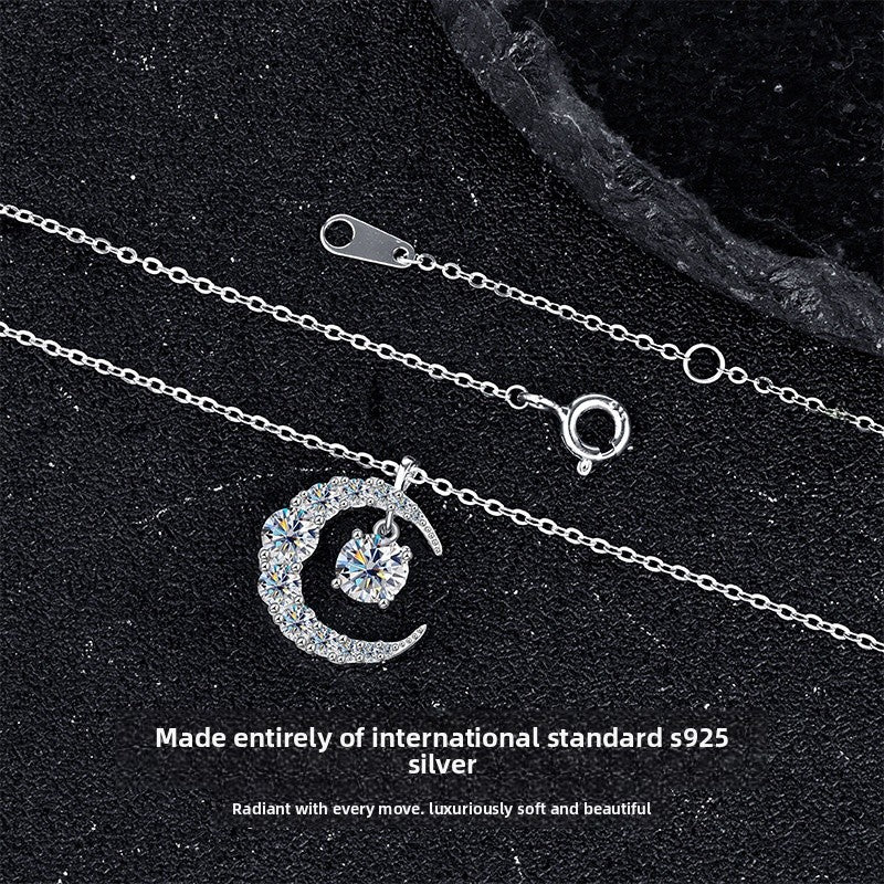 0.5ct Moissanite Moon Necklace For Women In 925 Sterling Silver, Perfect For Wedding