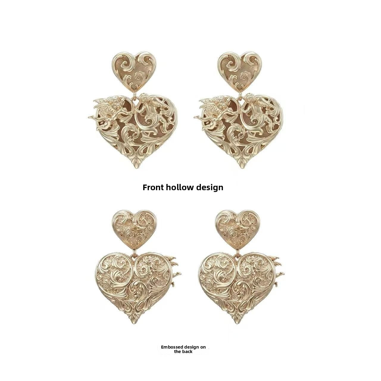Heart Shape Copper Earrings With Electroplated Gold Plating Featuring 925 Sterling Silver Studs In Retro Style For Women