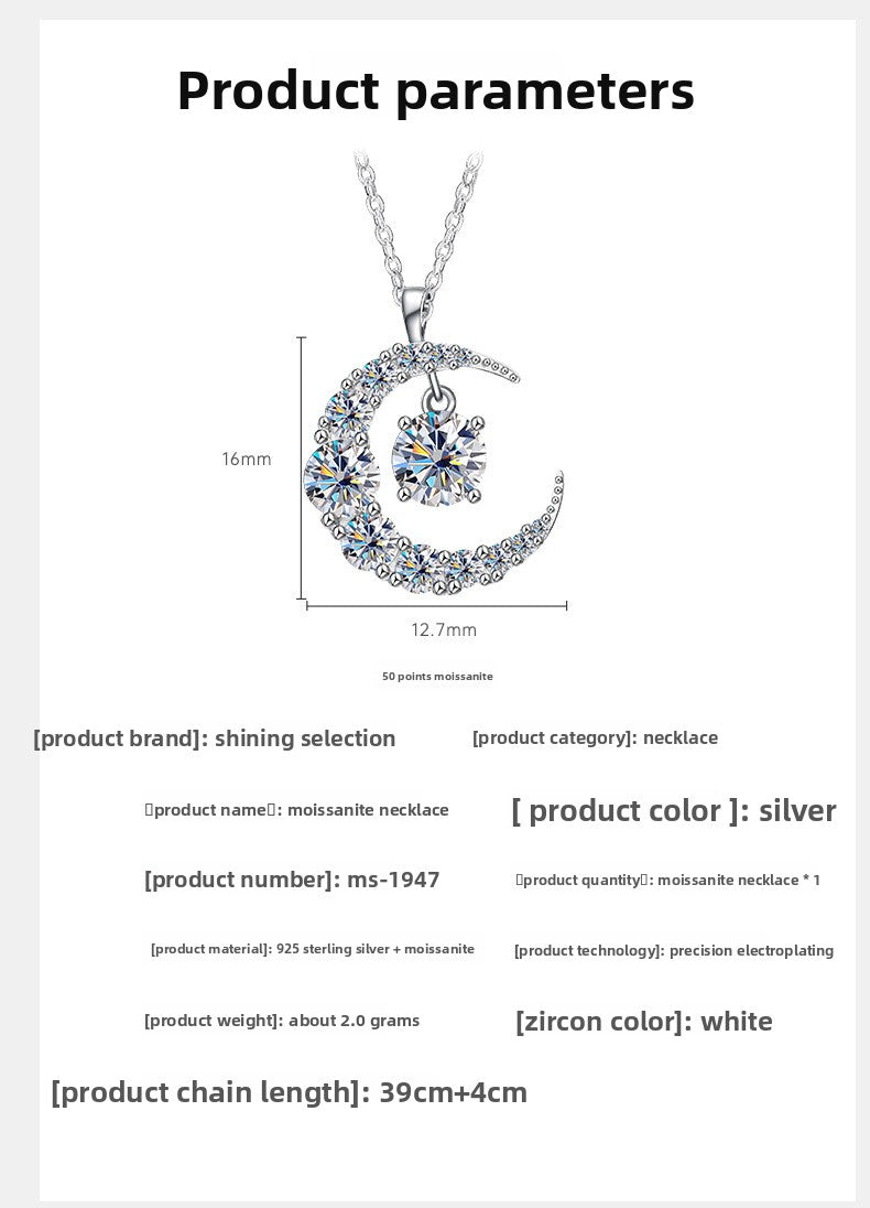 0.5ct Moissanite Moon Necklace For Women In 925 Sterling Silver, Perfect For Wedding