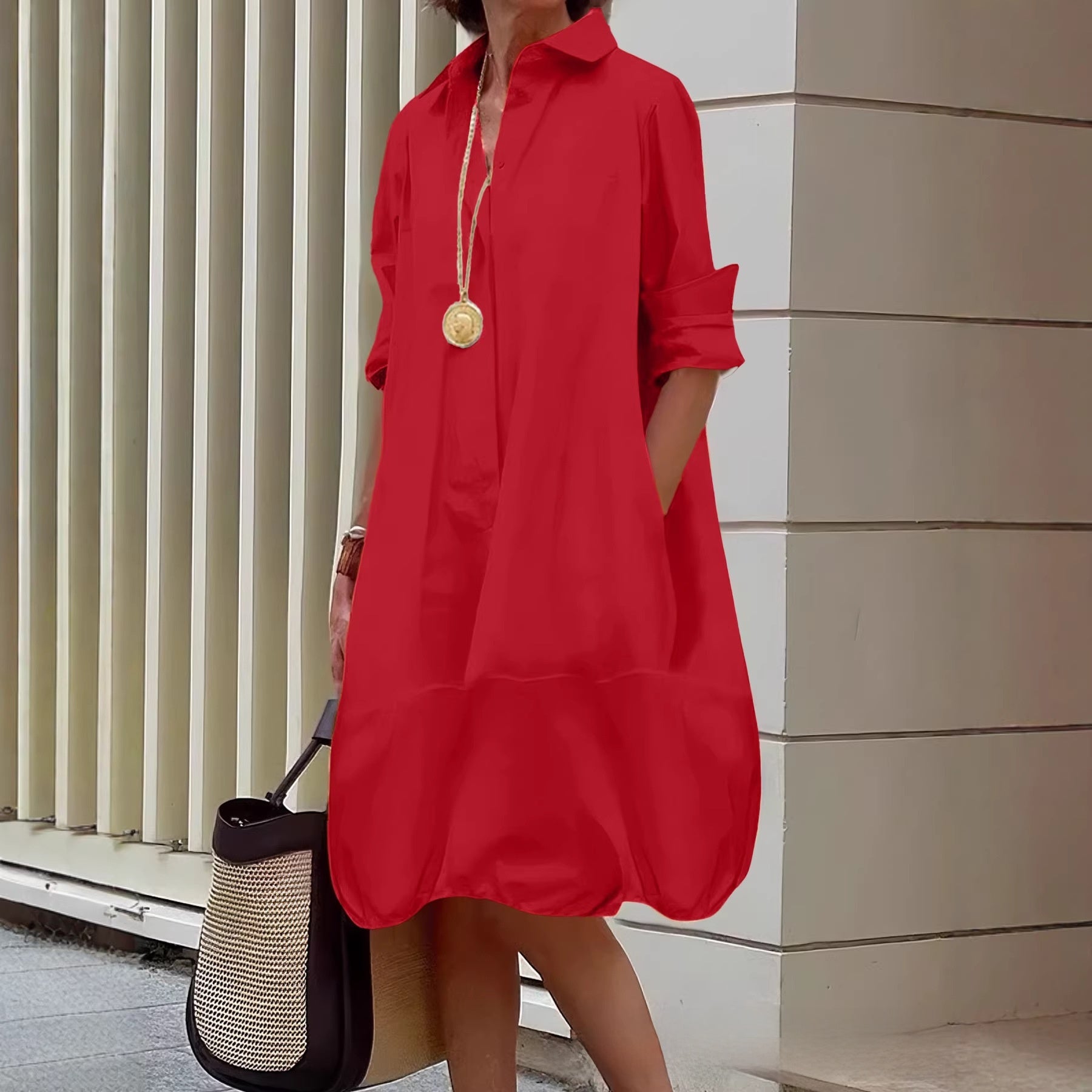 Solid Color Elegant Casual Midi Dress With Lapel Neckline And Long Sleeves In Cotton Fabric
