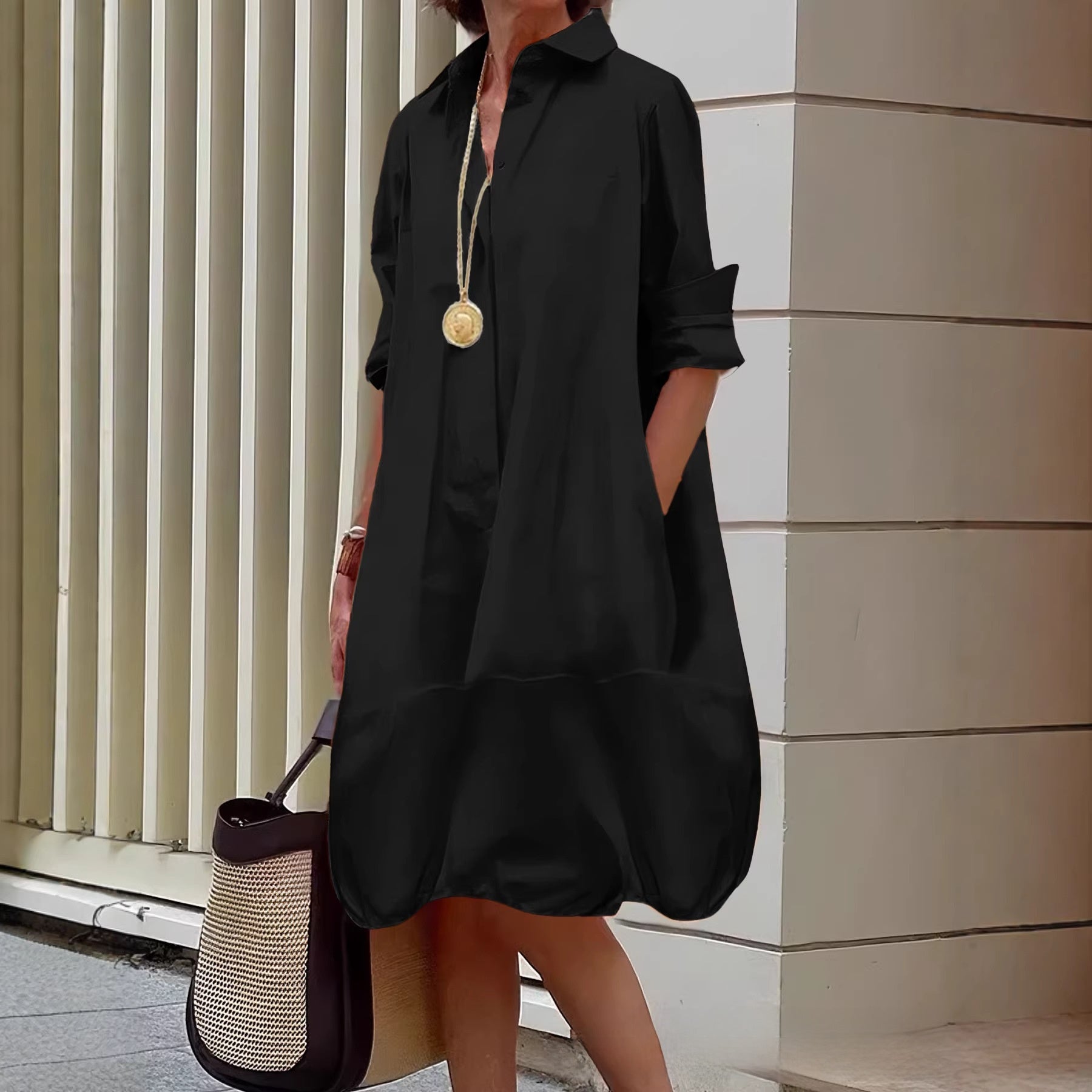 Solid Color Elegant Casual Midi Dress With Lapel Neckline And Long Sleeves In Cotton Fabric