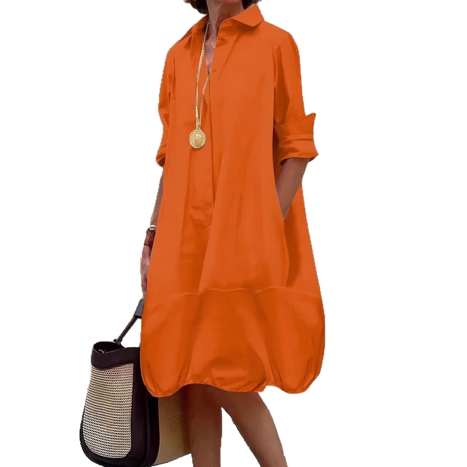 Solid Color Elegant Casual Midi Dress With Lapel Neckline And Long Sleeves In Cotton Fabric