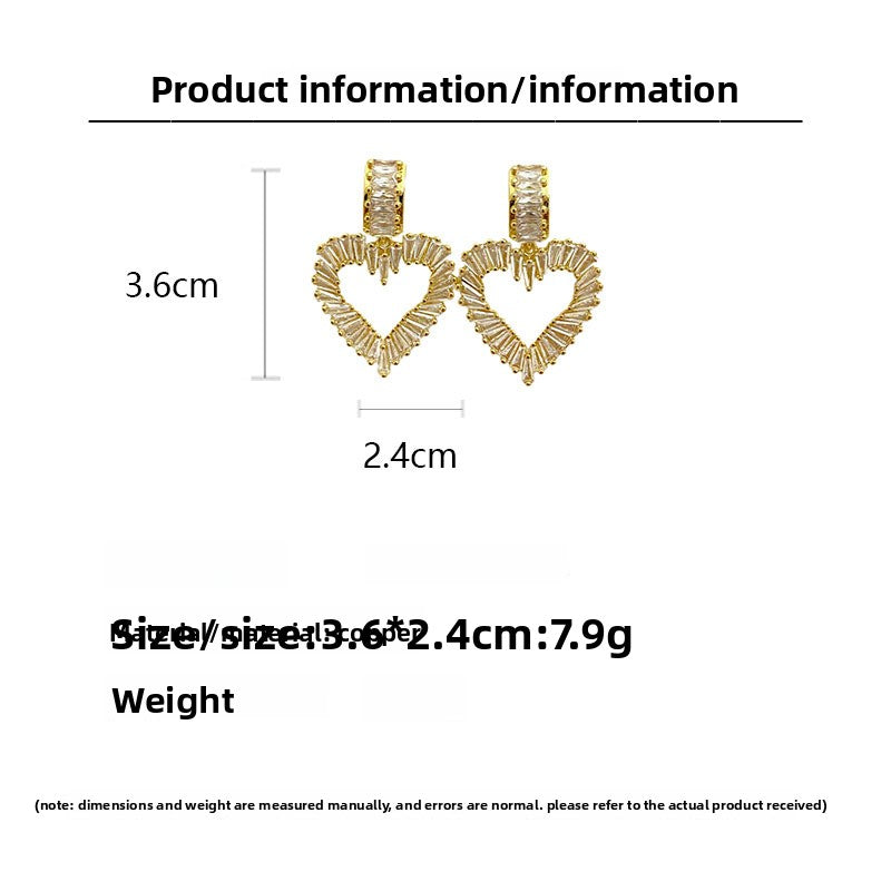 Heart Shape Copper Earrings With Zircon Inlay, Exaggerated Style For Women