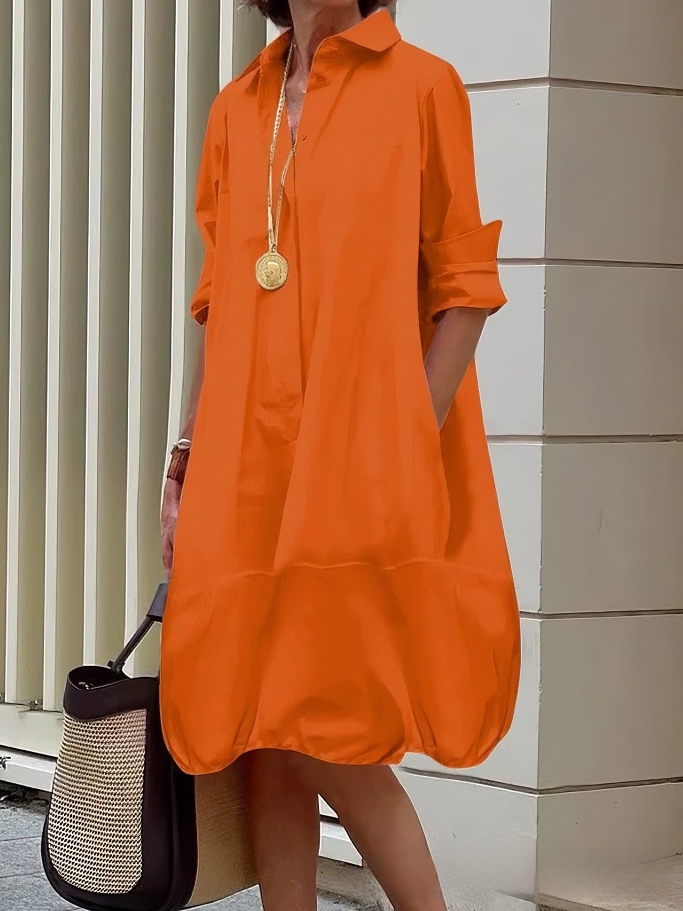 Solid Color Elegant Casual Midi Dress With Lapel Neckline And Long Sleeves In Cotton Fabric